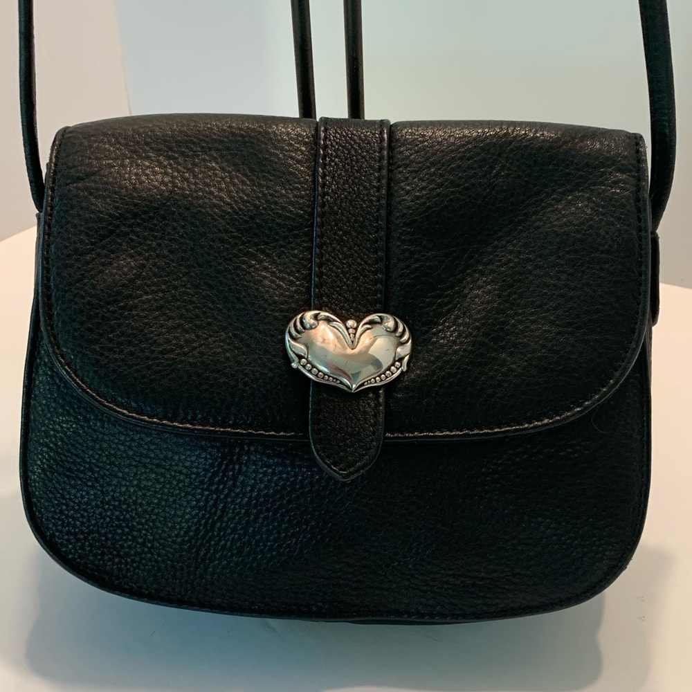 Vintage Small Black Leather Crossbody Shoulder Bag Silver Heart